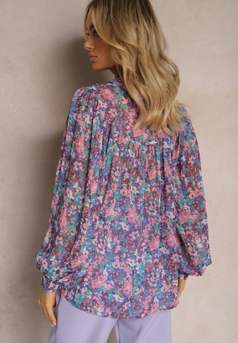 retro & icone Cămașă Albastru-Mov cu Imprimeu Floral din Țesătură Transparentă Omertala