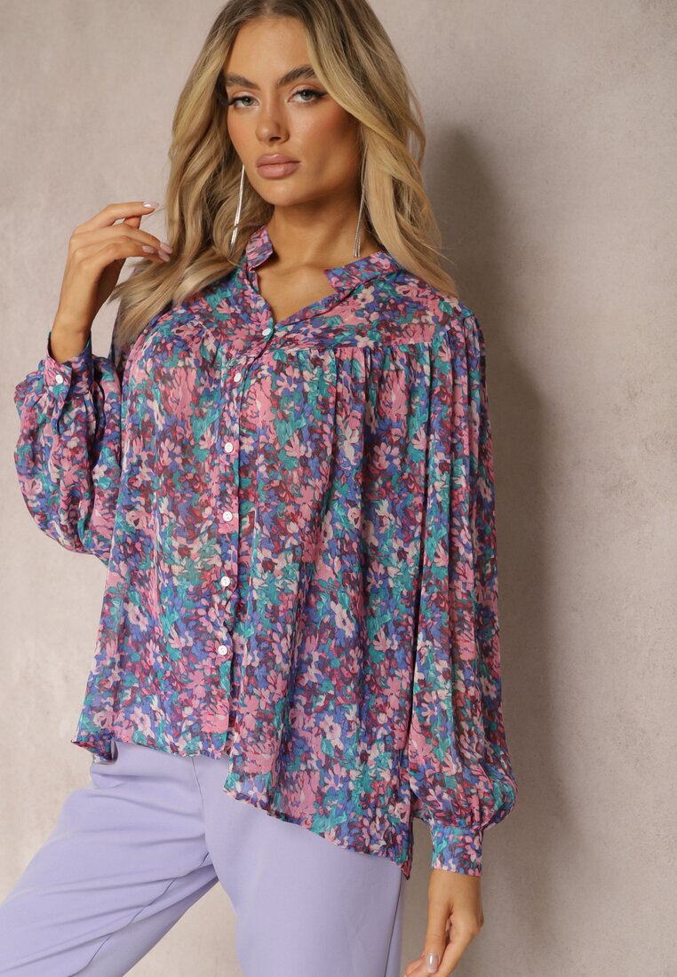 retro & icone Cămașă Albastru-Mov cu Imprimeu Floral din Țesătură Transparentă Omertala
