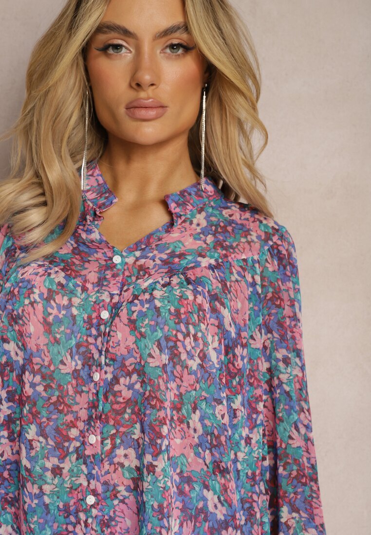 retro & icone Cămașă Albastru-Mov cu Imprimeu Floral din Țesătură Transparentă Omertala