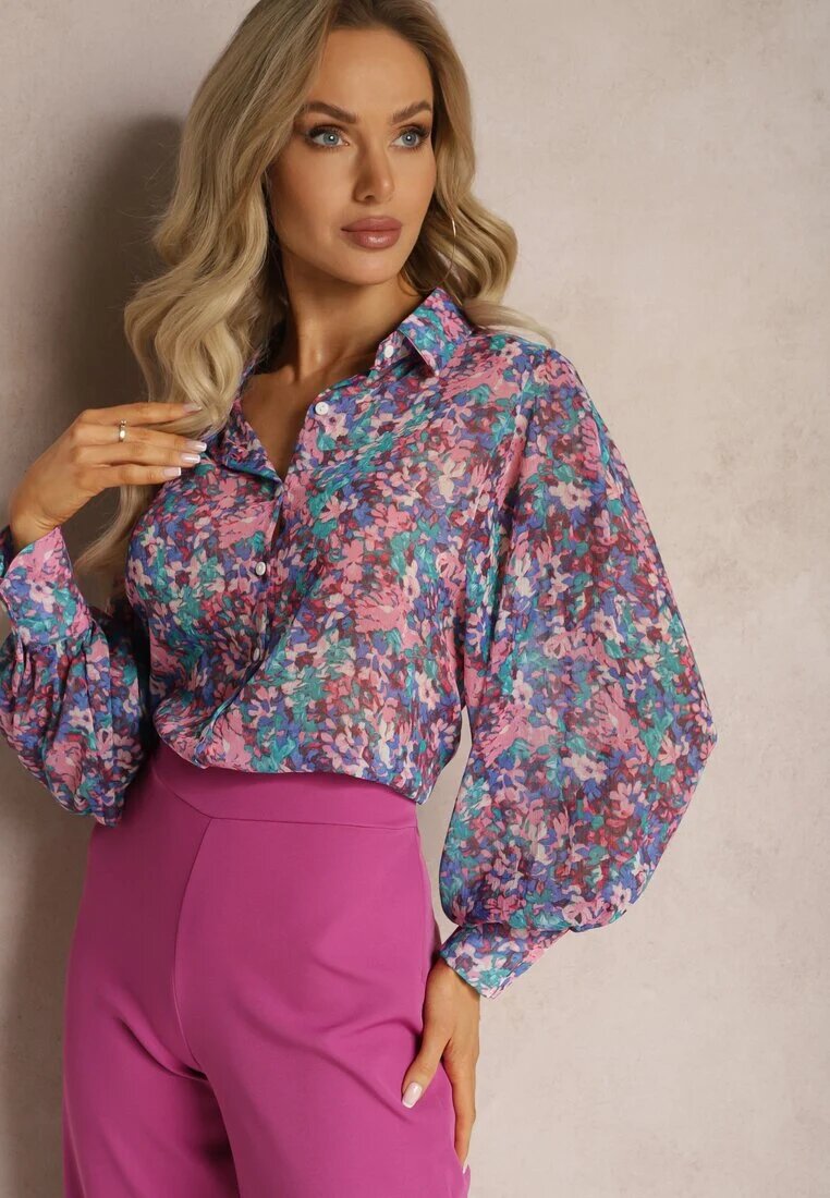 retro & icone Cămașă Albastru-Roz cu Mâneci Bufante cu Imprimeu Floral Paedria