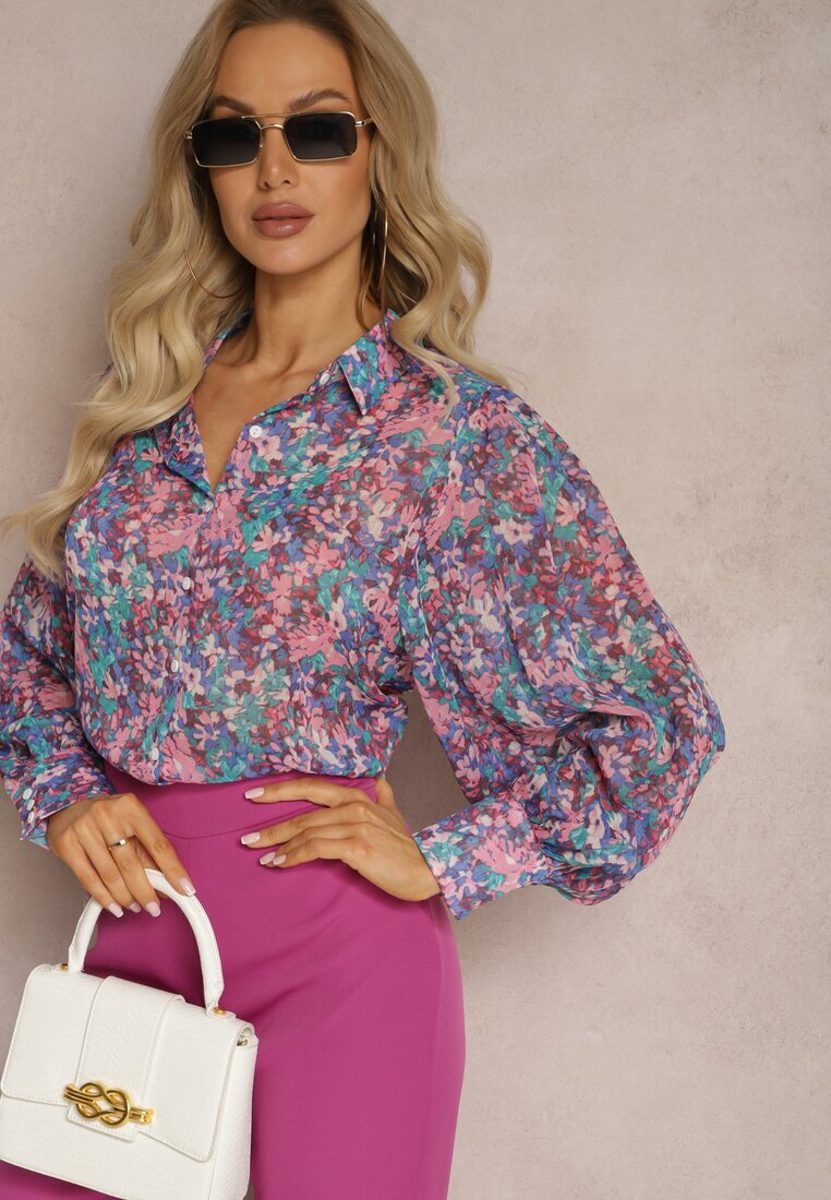 retro & icone Cămașă Albastru-Roz cu Mâneci Bufante cu Imprimeu Floral Paedria