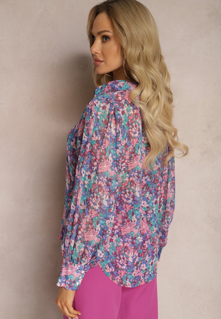 retro & icone Cămașă Albastru-Roz cu Mâneci Bufante cu Imprimeu Floral Paedria