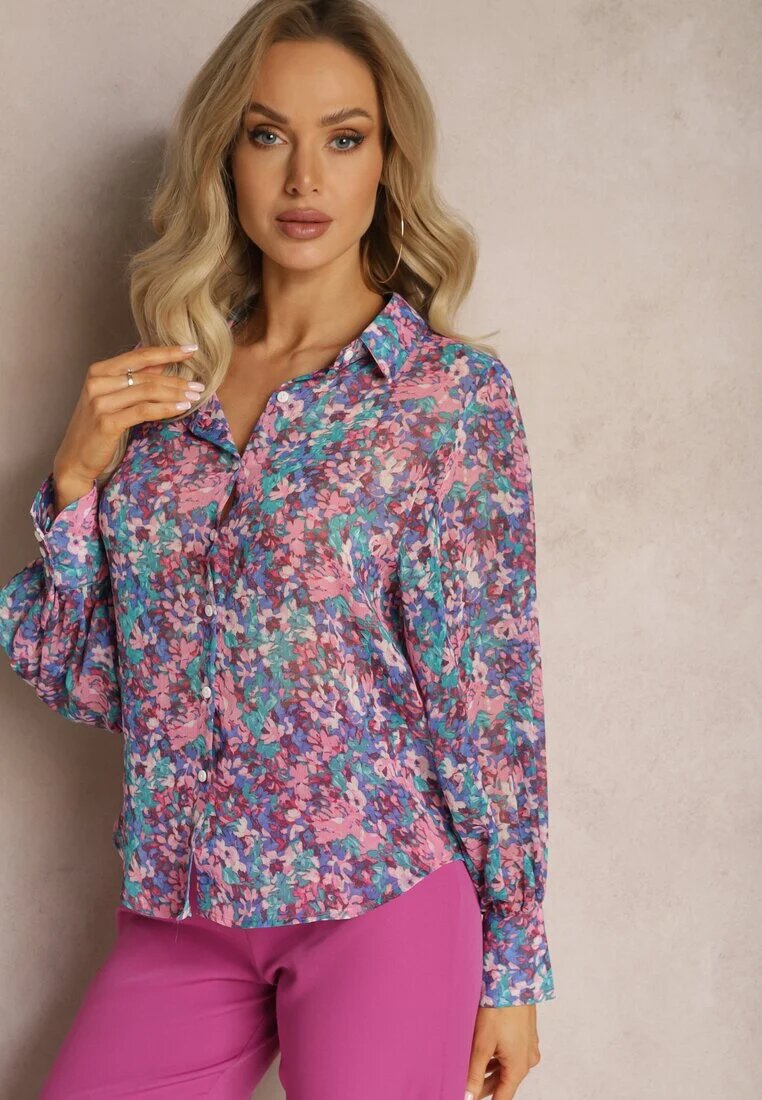 retro & icone Cămașă Albastru-Roz cu Mâneci Bufante cu Imprimeu Floral Paedria
