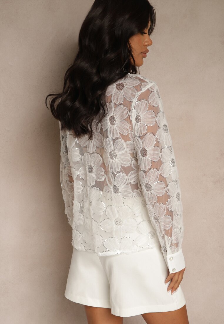 retro & icone Cămașă bej deschis transparentă cu motive florale cu perle și paiete Raviolla