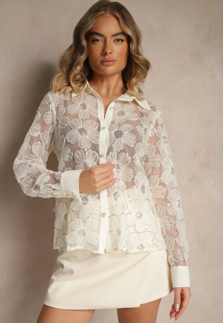 retro & icone Cămașă bej transparentă cu model floral perle și paiete Raviolla