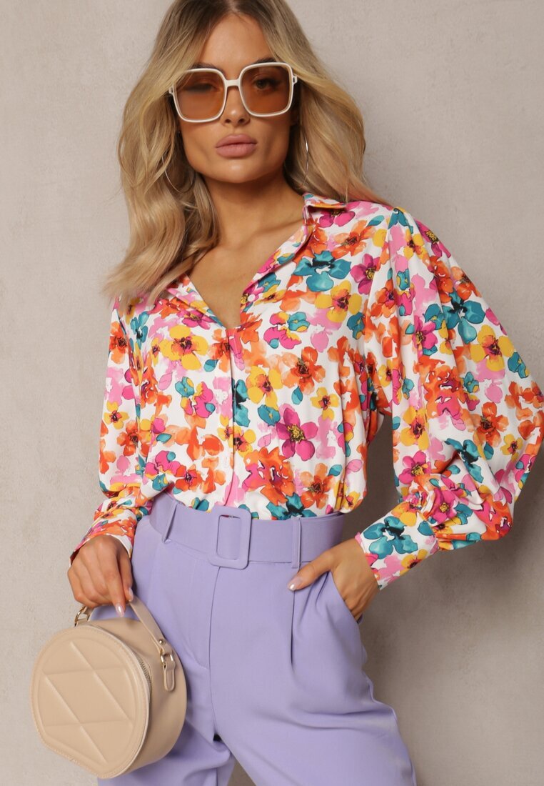 retro & icone Cămașă Florală Alb-Portocalie cu nasturi Phello