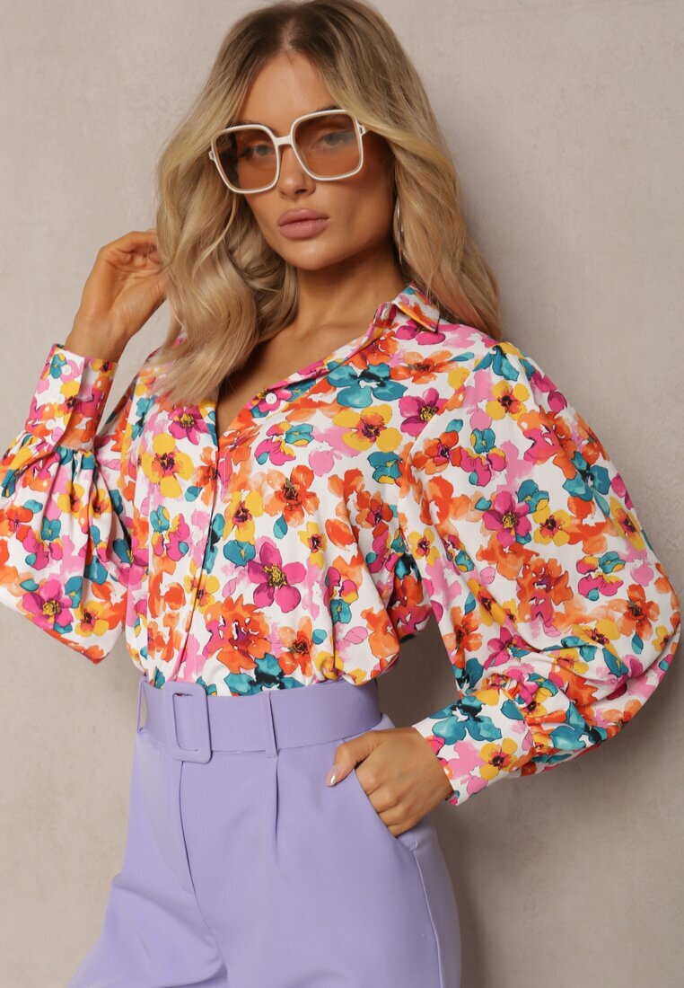 retro & icone Cămașă Florală Alb-Portocalie cu nasturi Phello