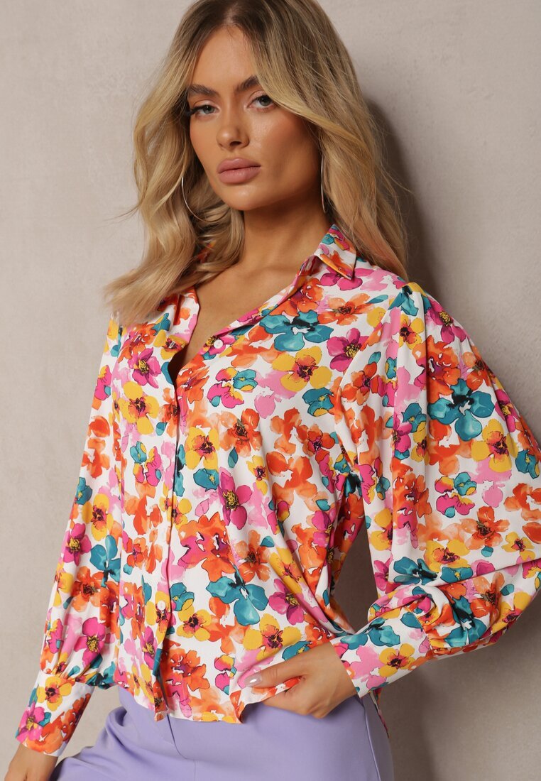 retro & icone Cămașă Florală Alb-Portocalie cu nasturi Phello