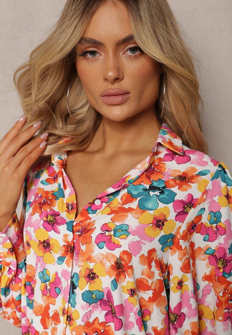 retro & icone Cămașă Florală Alb-Portocalie cu nasturi Phello
