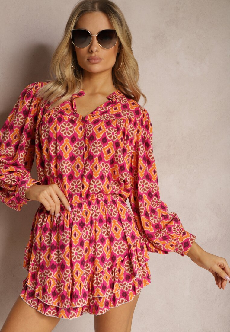 retro & icone Cămașă Fucsia din viscoză cu mâneci bufante cu imprimeu mozaic Telita