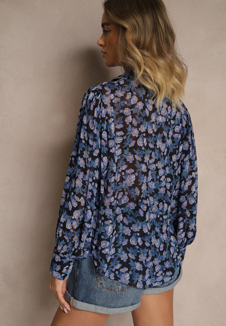 retro & icone Cămașă Neagră cu Croială Clasic cu Imprimeu Floral Divliana