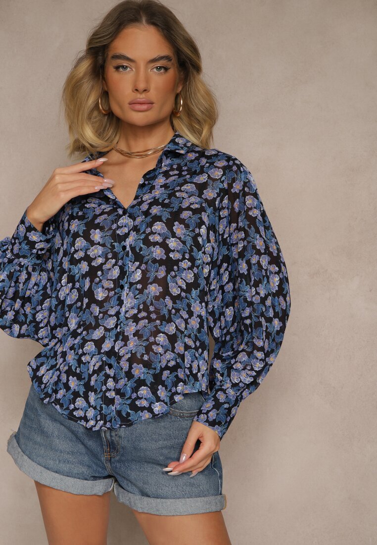 retro & icone Cămașă Neagră cu Croială Clasic cu Imprimeu Floral Divliana
