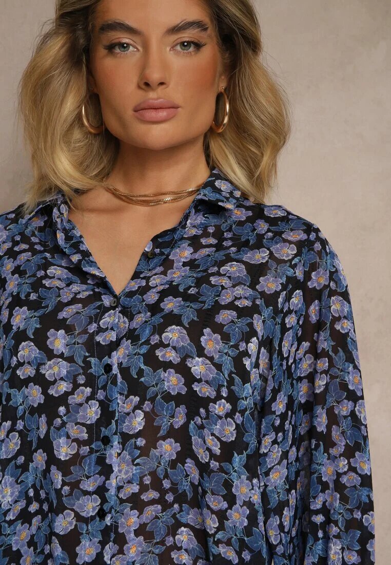 retro & icone Cămașă Neagră cu Croială Clasic cu Imprimeu Floral Divliana