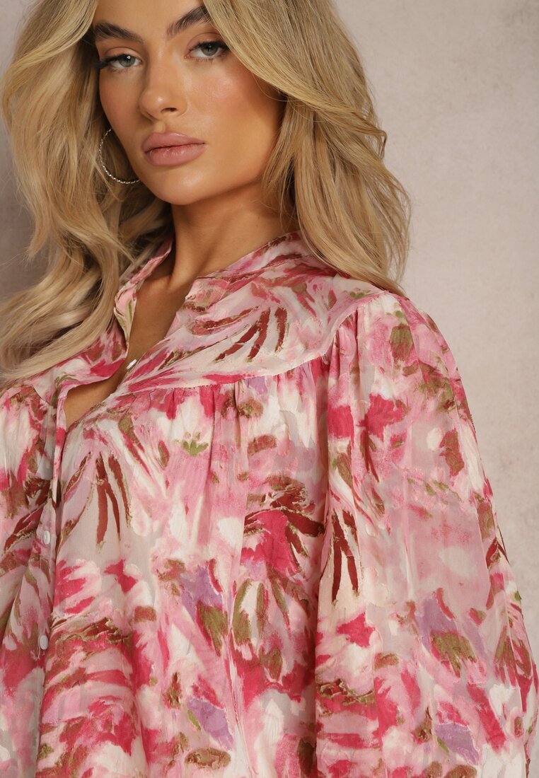 retro & icone Cămașă Roșu-Roz cu Mâneci Ample cu Imprimeu Floral Letossa