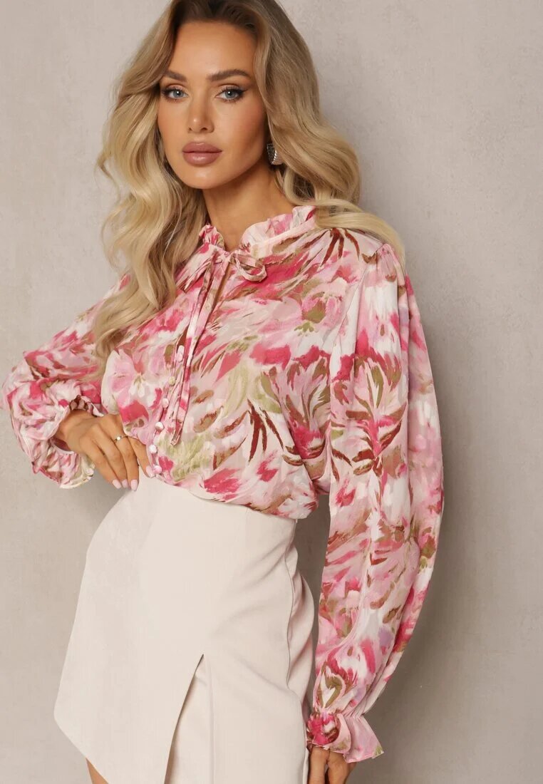 retro & icone Cămașă roz-bej cu legătură și nasturi cu imprimeu floral Fioralba
