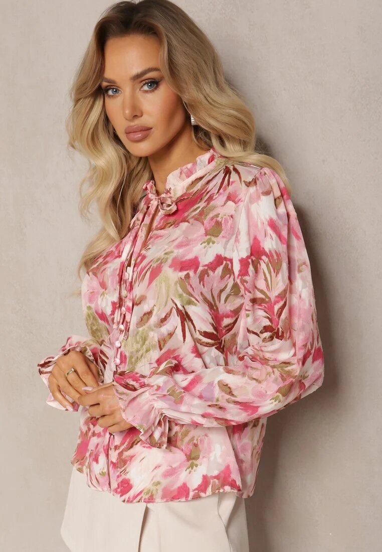 retro & icone Cămașă roz-bej cu legătură și nasturi cu imprimeu floral Fioralba