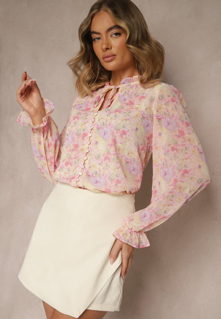 retro & icone Cămașă Roz cu guler tunica cu volane și cu șnur la decolteu cu flori Voralla