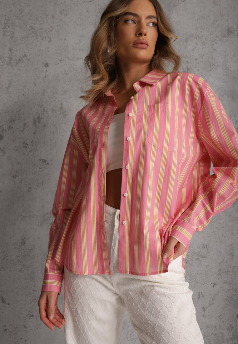 retro & icone Cămașă Roz din Bumbac Oversize cu Dungi Verticale Telaria