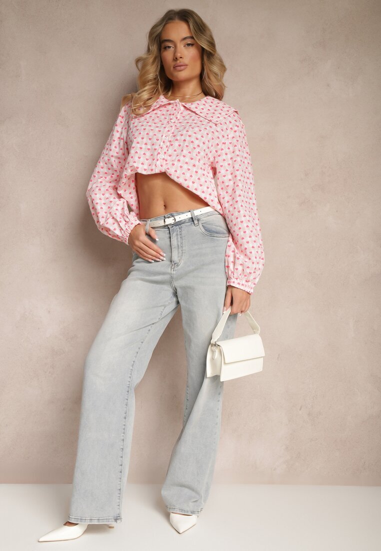 retro & icone Cămașă Roz Retro din Bumbac și Viscoză Decorată cu Model Inimi Tilzema