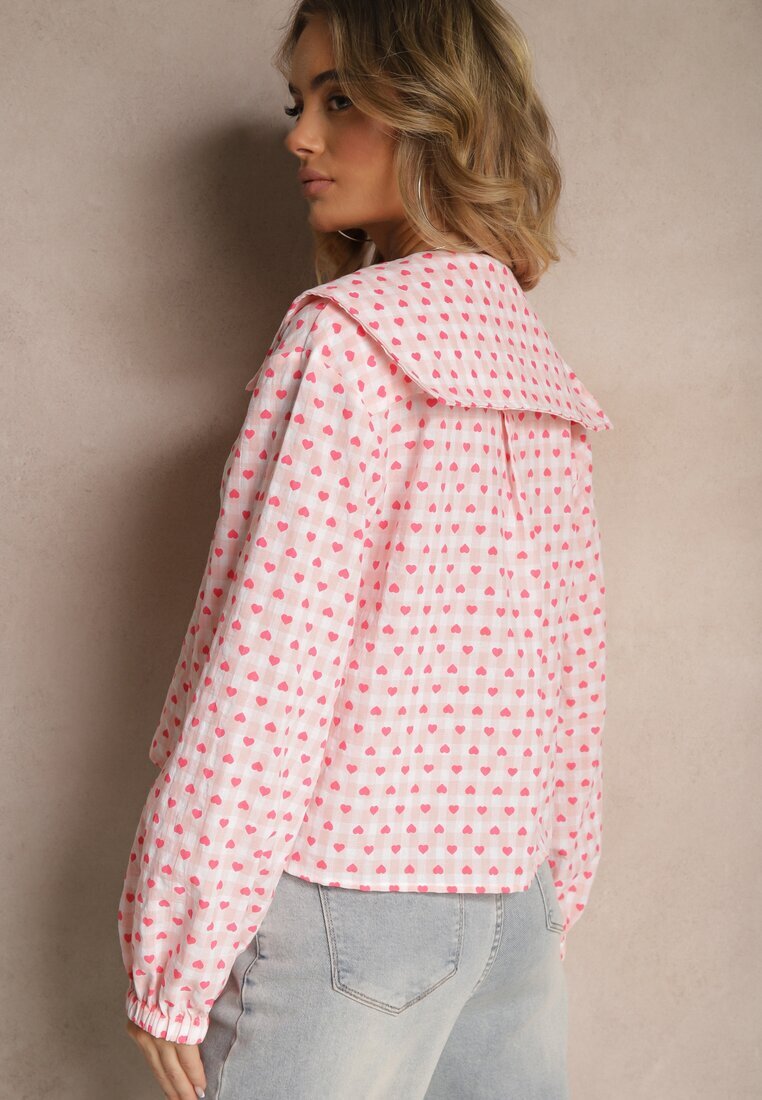 retro & icone Cămașă Roz Retro din Bumbac și Viscoză Decorată cu Model Inimi Tilzema