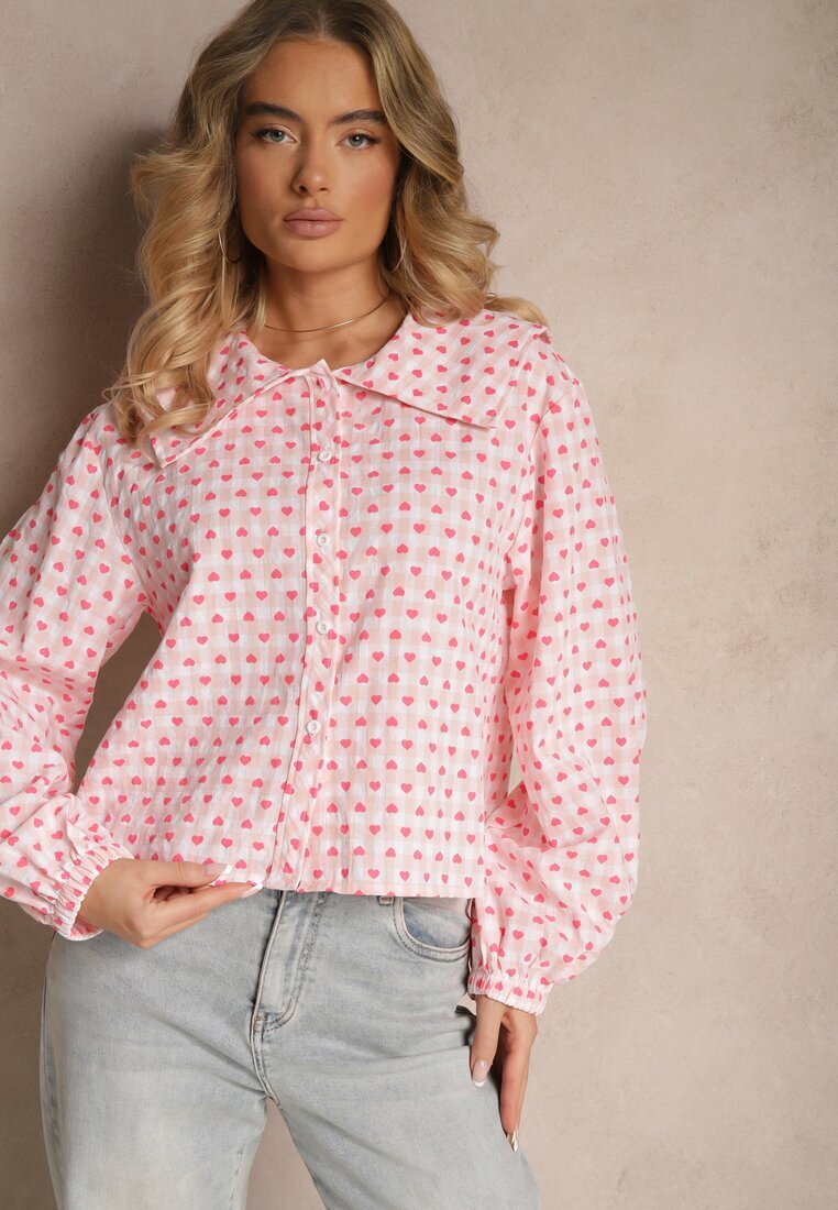 retro & icone Cămașă Roz Retro din Bumbac și Viscoză Decorată cu Model Inimi Tilzema