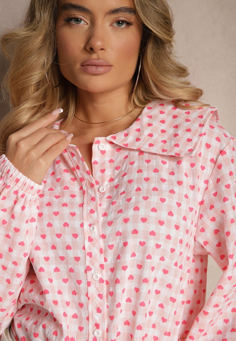 retro & icone Cămașă Roz Retro din Bumbac și Viscoză Decorată cu Model Inimi Tilzema