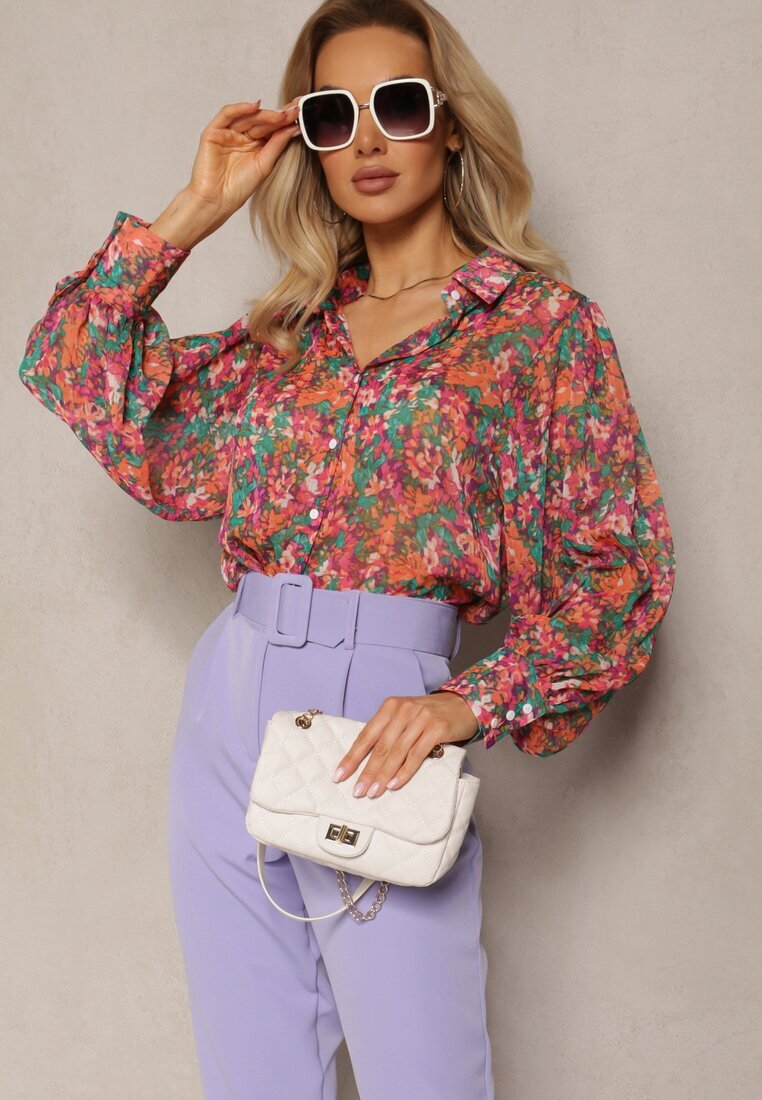 retro & icone Cămașă Roz-Verde cu Mâneci Bufante cu Imprimeu Floral Paedria