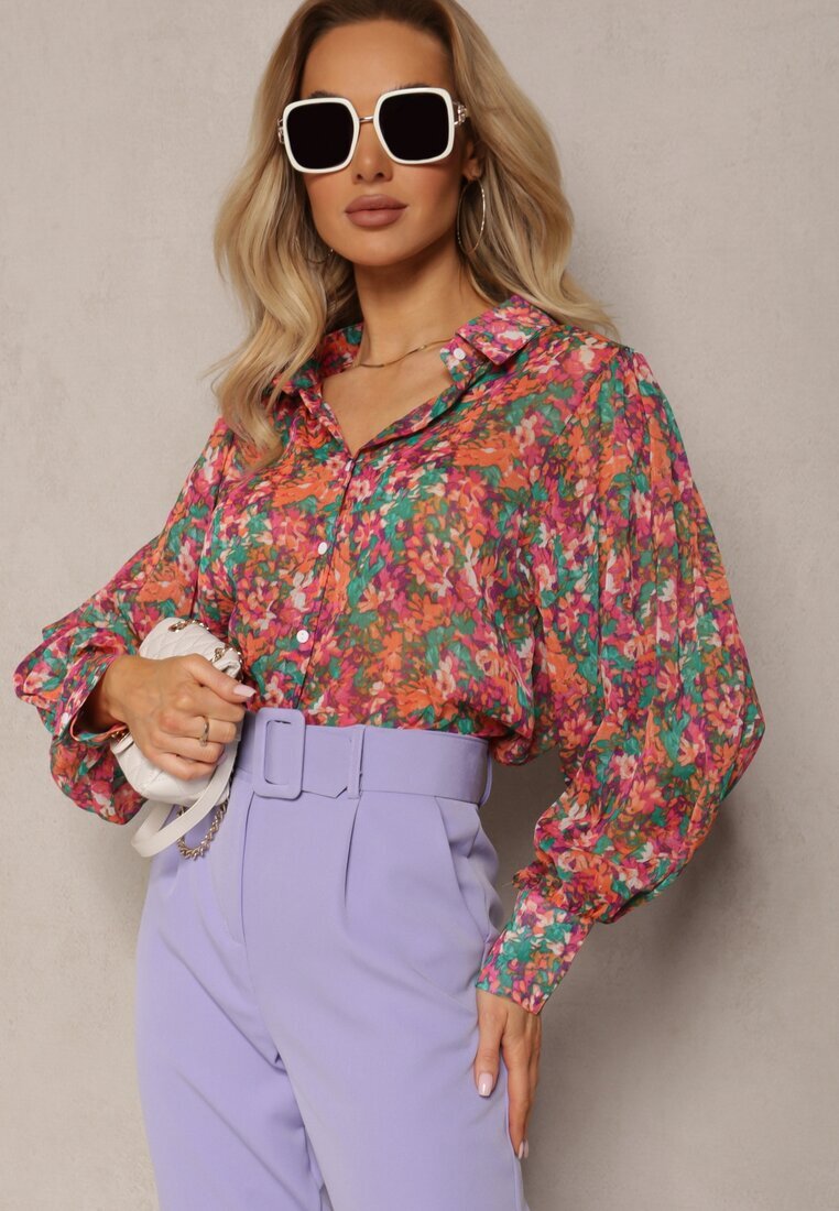 retro & icone Cămașă Roz-Verde cu Mâneci Bufante cu Imprimeu Floral Paedria