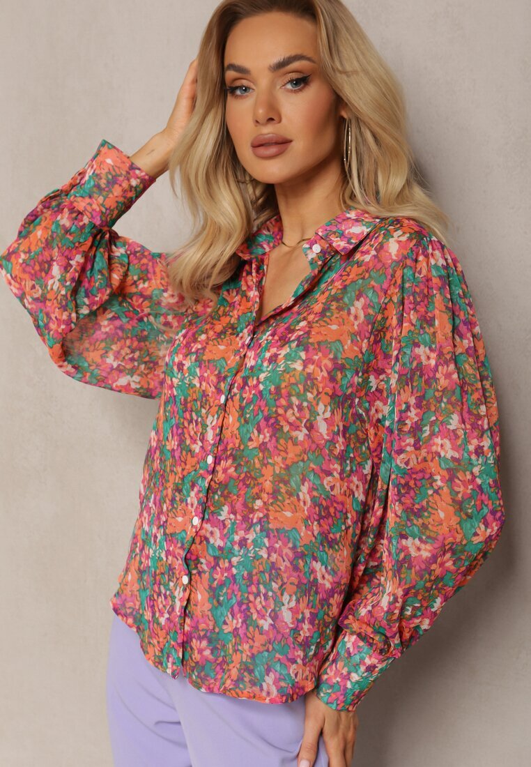 retro & icone Cămașă Roz-Verde cu Mâneci Bufante cu Imprimeu Floral Paedria