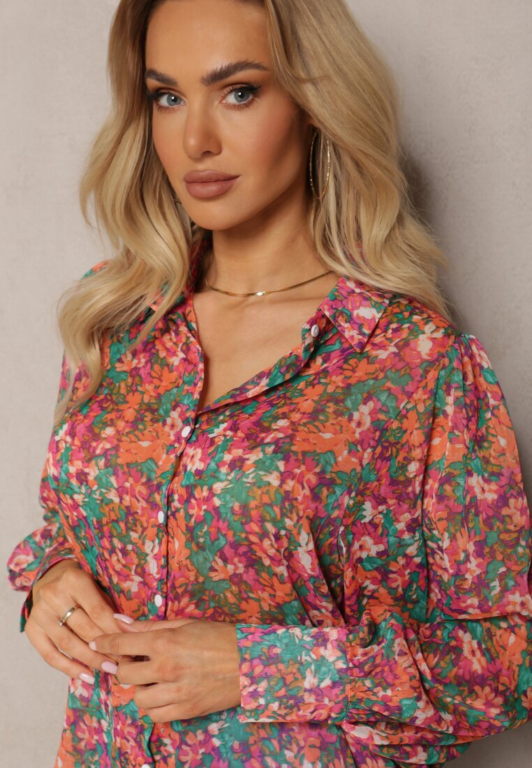 retro & icone Cămașă Roz-Verde cu Mâneci Bufante cu Imprimeu Floral Paedria