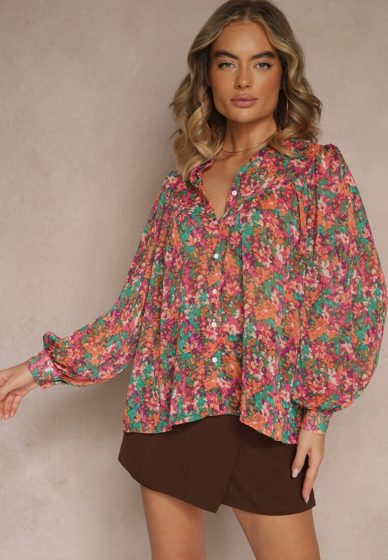 retro & icone Cămașă Roz-Verde cu model floral din țesătură transparentă Omertala