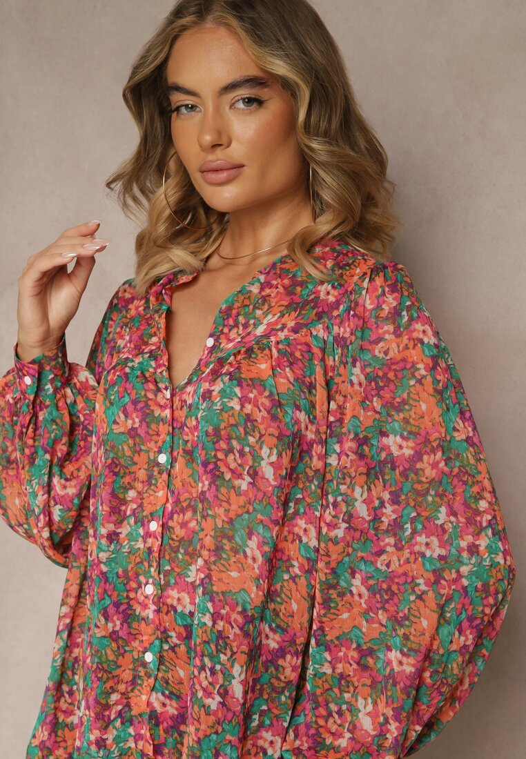 retro & icone Cămașă Roz-Verde cu model floral din țesătură transparentă Omertala