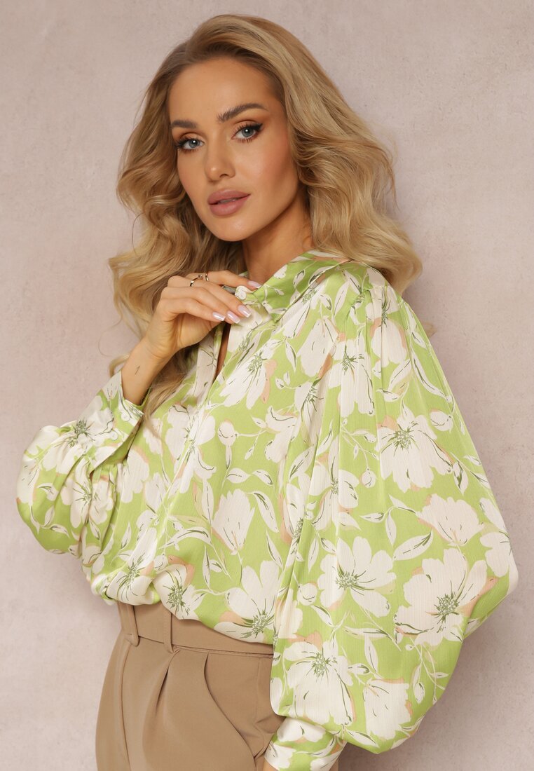 retro & icone Cămașă Verde cu Flori cu Manșete Largi Dadred