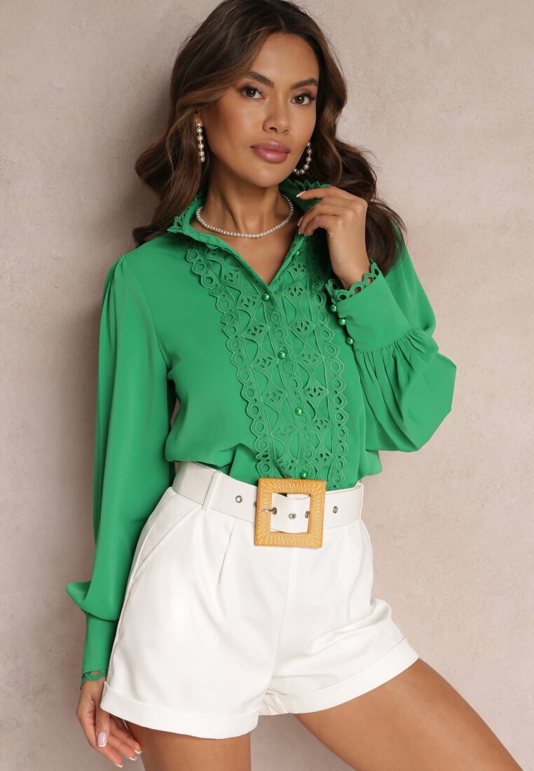retro & icone Cămașă Verde Dantelată cu Nasturi Perlați Inhis