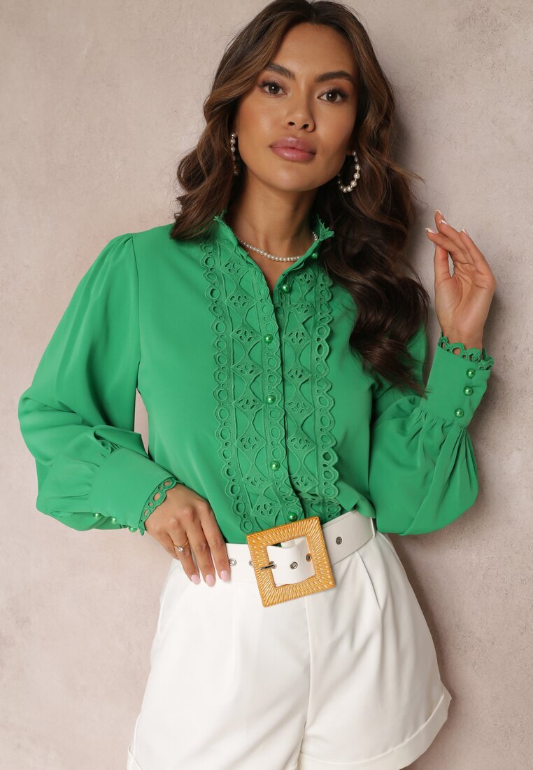 retro & icone Cămașă Verde Dantelată cu Nasturi Perlați Inhis