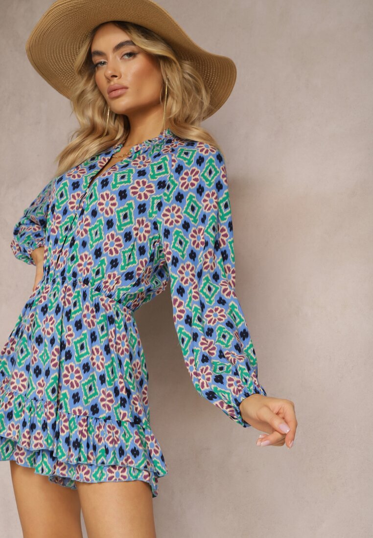 retro & icone Combină scurtă Albastru-Violet cu elastic în talie cu imprimeu mozaic din viscoză Glimmeria