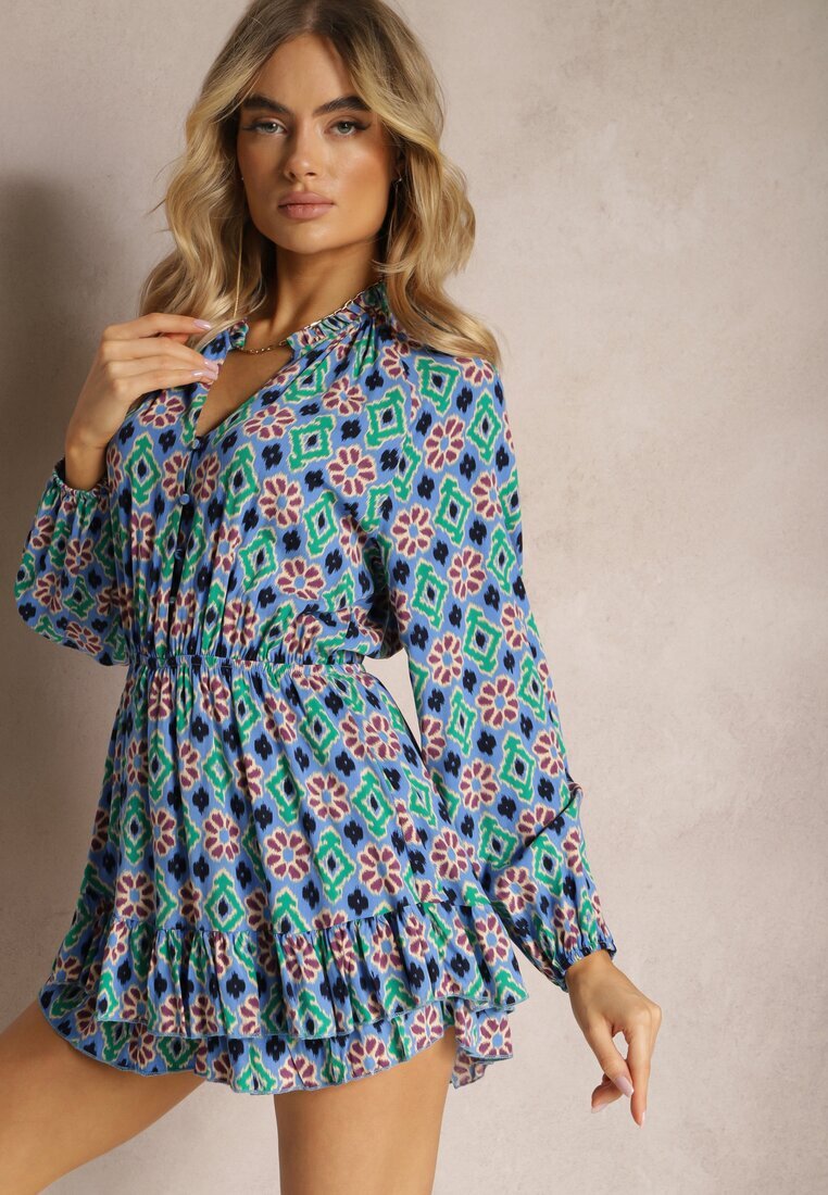 retro & icone Combină scurtă Albastru-Violet cu elastic în talie cu imprimeu mozaic din viscoză Glimmeria