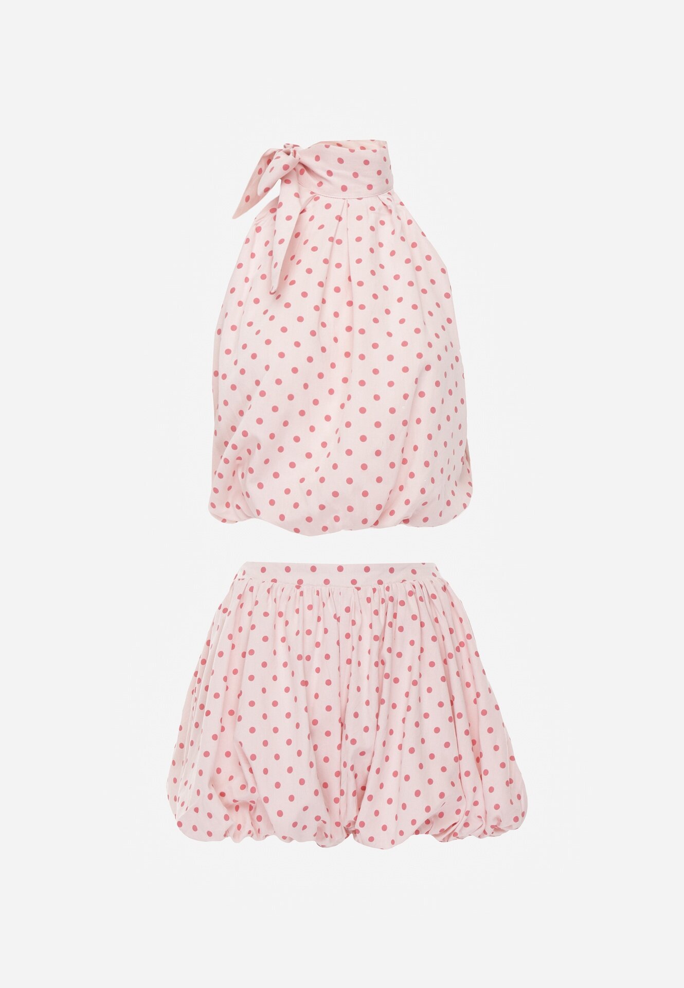retro & icone Compleu Roz Bumbac-Viscoză Balloon cu buline top legat și pantaloni scurți Luxina