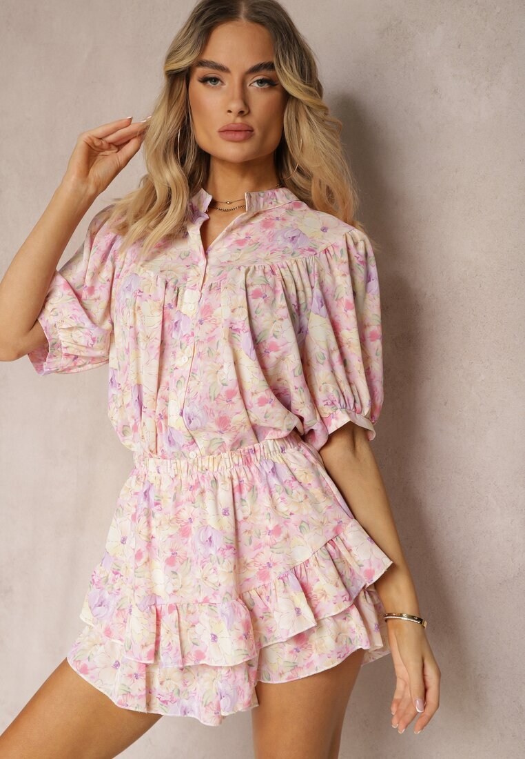 retro & icone Fustă-Pantaloni scurți Mov talie înaltă cu elastic în talie și volan Gleiana