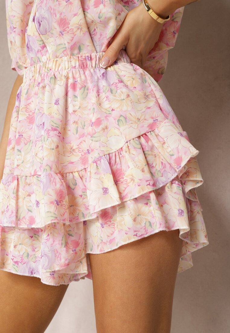 retro & icone Fustă-Pantaloni scurți Mov talie înaltă cu elastic în talie și volan Gleiana