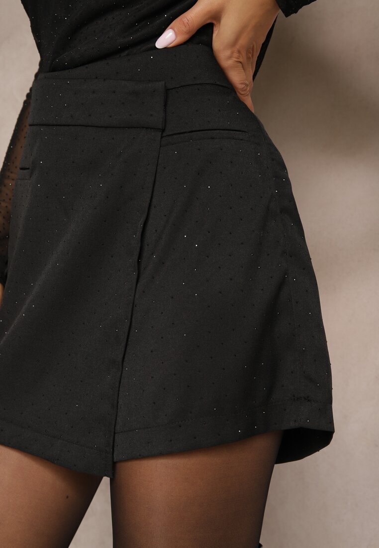 retro & icone Fustă-Pantaloni scurți neagră cu Paiete cu suprapunere și Imitație de Buzunare Vaiane