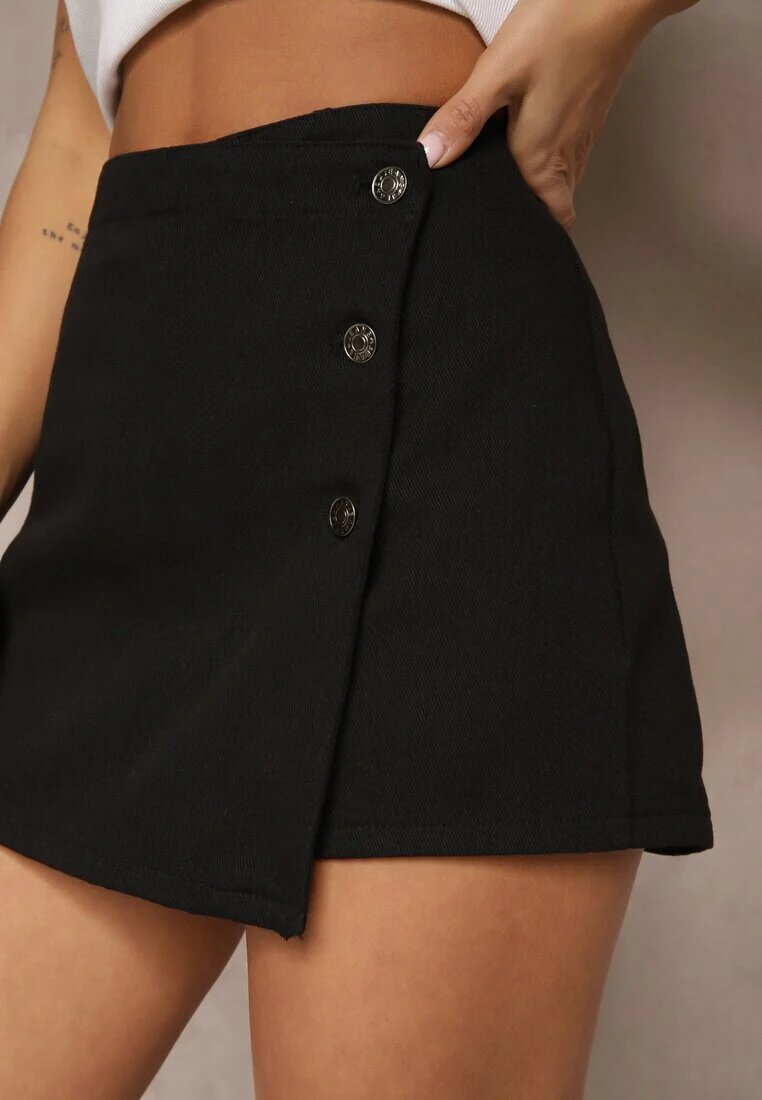 retro & icone Fustă-Pantaloni scurți Negre Din bumbac cu nasturi decorativi Desalira