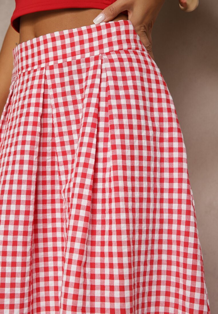 retro & icone Fustă Roșie Lungă din Bumbac în carouri cu croială cloș Leandiwen