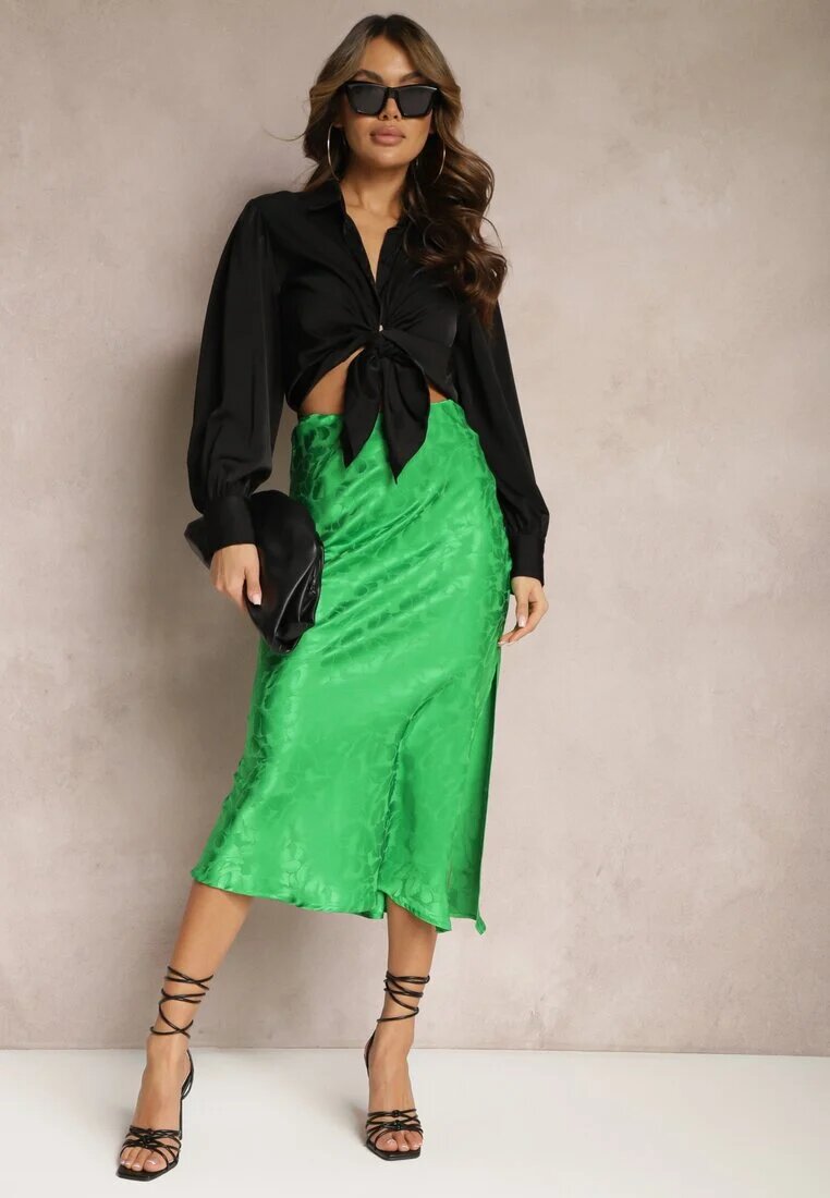 retro & icone Fustă Verde Lungă Casual cu elastic în talie Grelvia