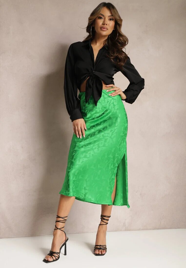 retro & icone Fustă Verde Lungă Casual cu elastic în talie Grelvia
