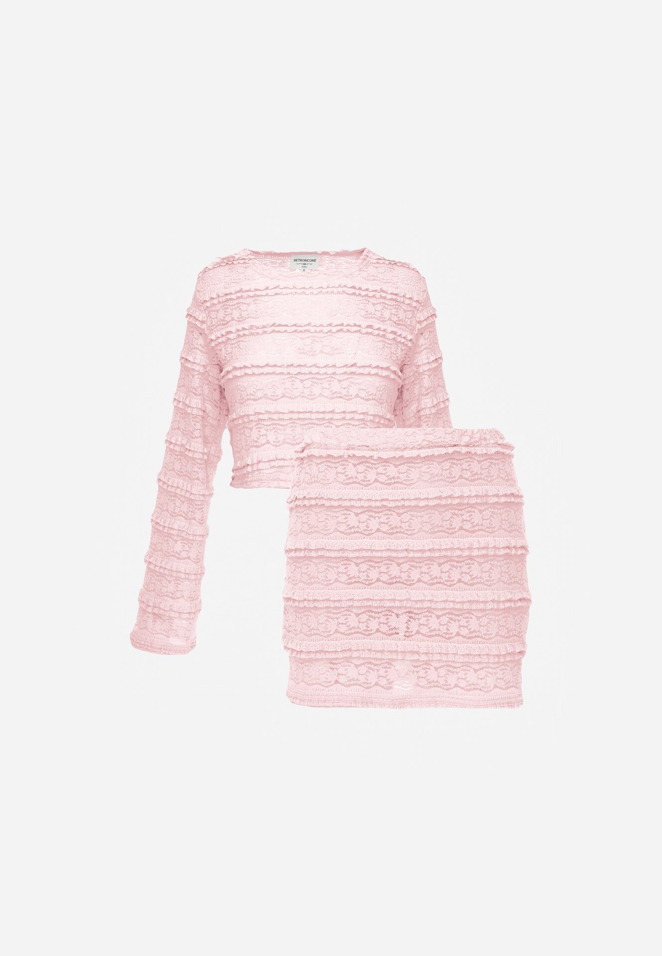 retro & icone Komplet Roz din Dantelă Bluză Longsleeve și Fustă-Pantaloni scurți Mulați Daera