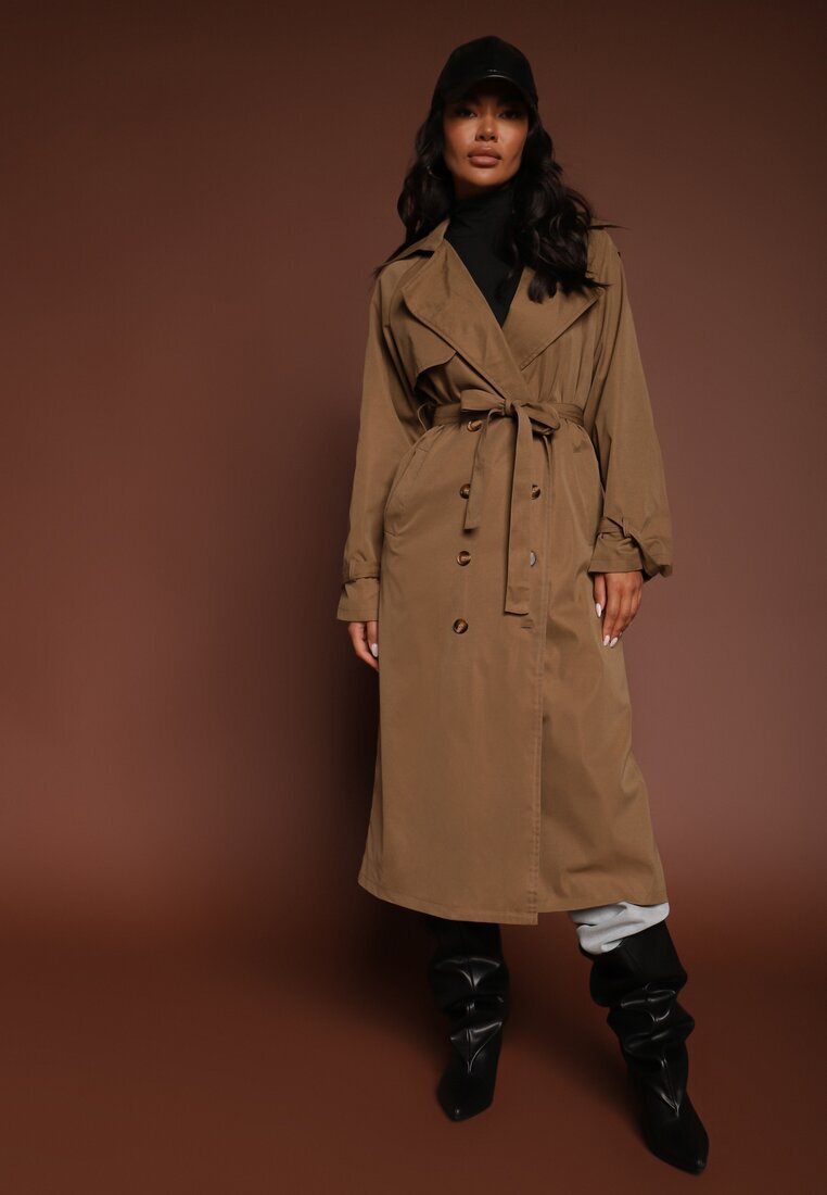 retro & icone Palton Maro-Verde cu croială alungită tip trench cu nasturi și cordon Dennime