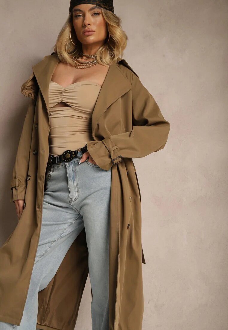 retro & icone Palton Maro-Verde cu croială alungită tip trench cu nasturi și cordon Dennime