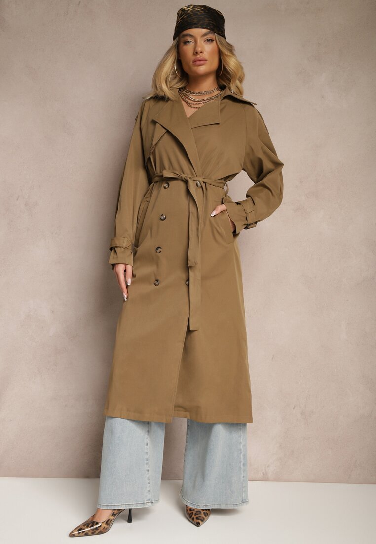 retro & icone Palton Maro-Verde cu croială alungită tip trench cu nasturi și cordon Dennime