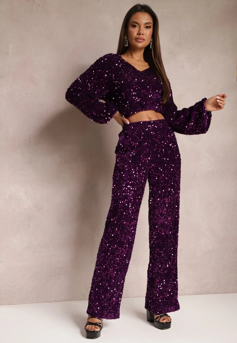 retro & icone Pantaloni amprii mov cu paiete din velur Naress